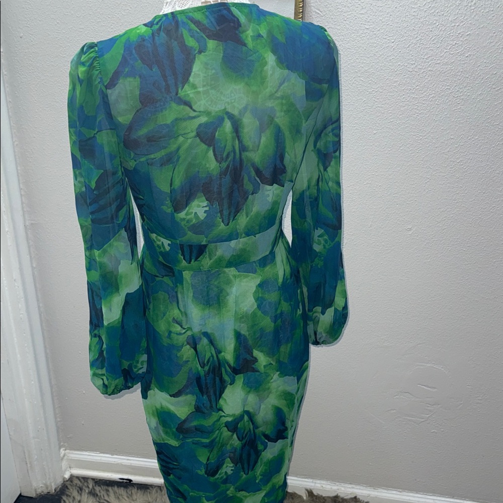 Elegant Long Sleeve Floral Dress in Green and Blue - Picture 8 of 9